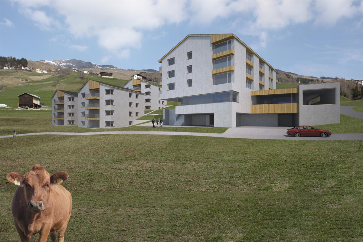 Visualisierung Wohnüberbauung mit Hotel in den Bergen - Projektstudie - Vincenz + Weishaupt Architekten AG, Ilanz