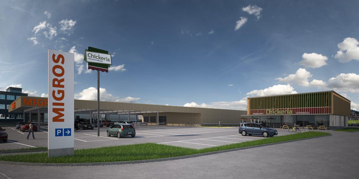 Visualisierung Migros Supermarkt und Chickeria- architekten : rlc ag, Rheineck