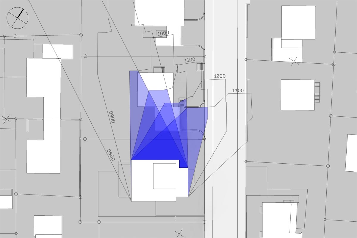 Schattendiagramm, Dauerschatten, Schattenverlauf 13:00 Uhr