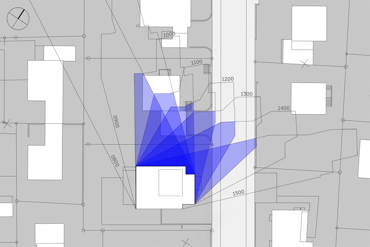 Schattendiagramm, Dauerschatten, Schattenverlauf 15:00 Uhr