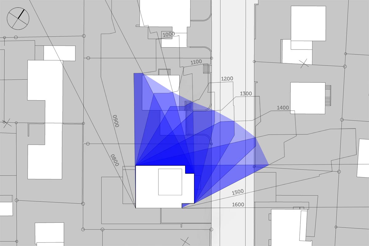 Schattendiagramm, Dauerschatten, Schattenverlauf 16:00 Uhr