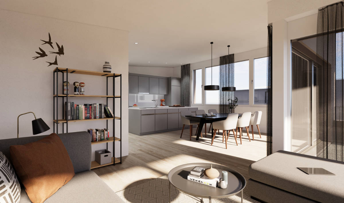 Visualisierung Wohn-/Essbereich Attika - Suter Architekten AG, Birr